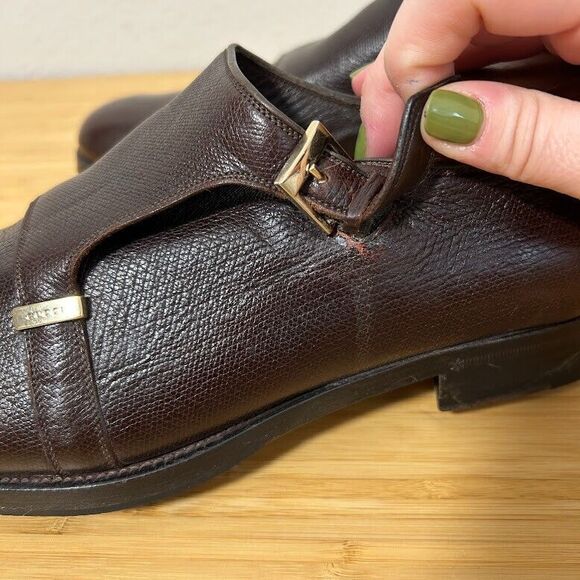Gucci Double Monk Strap Mens Dress Shoes 9.5 Brown Pebbled Leather - Picture 8 of 15